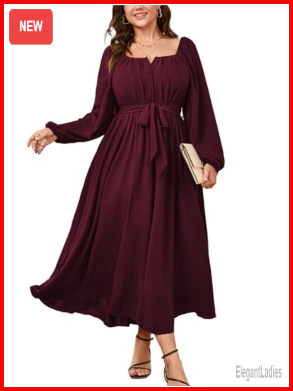 Plus Size Maxi Dress Long Sleeve Square Neck Flowy A-Line Formal